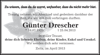 Traueranzeige von Günter Drescher von Super Sonntag Zeitz