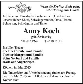 Traueranzeige von Anny Koch von Super Sonntag Dessau / Köthen