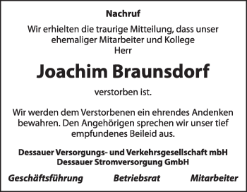 Traueranzeige von Joachim Braunsdorf von Super Sonntag Dessau / Köthen
