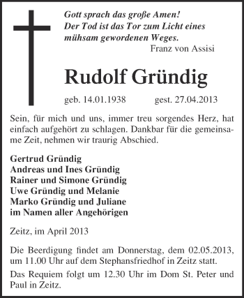 Traueranzeige von Rudolf Gründig von WVG - Wochenspiegel NMB / WSF / ZTZ