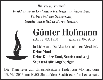 Traueranzeige von Günter Hofmann von WVG - Wochenspiegel Merseburg