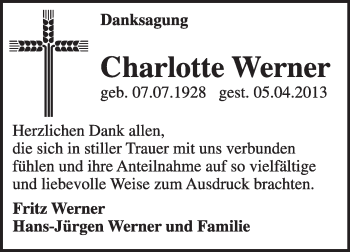 Traueranzeige von Charlotte Werner von Super Sonntag Wittenberg