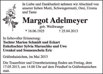 Traueranzeige von Margot Adelmeyer von WVG - Wochenspiegel Wittenberg