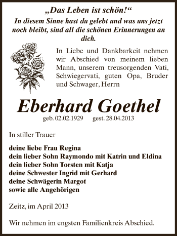 Traueranzeige von Eberhard Goethel von Super Sonntag Zeitz