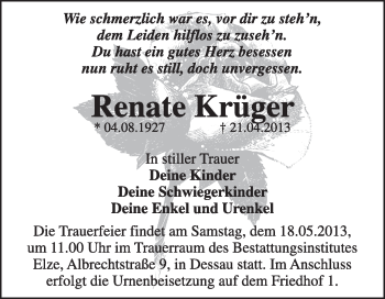 Traueranzeige von Renate Krüger von Super Sonntag Dessau / Köthen