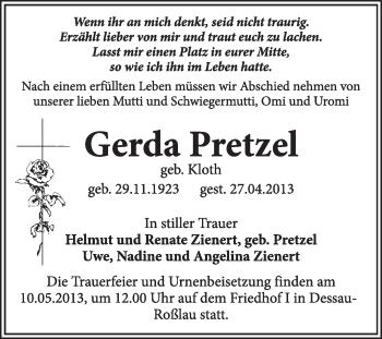 Traueranzeige von Gerda Pretzel von Super Sonntag Dessau / Köthen