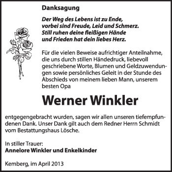 Traueranzeige von Werner Winkler von WVG - Wochenspiegel Wittenberg
