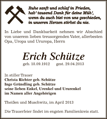 Traueranzeige von Erich Schütze von Super Sonntag Zeitz