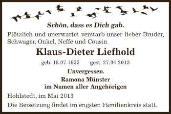 Traueranzeige von Klaus-Dieter Liefhold von WVG - Wochenspiegel SGH