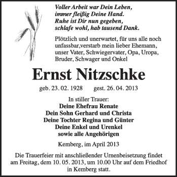 Traueranzeige von Ernst Nitzschke von WVG - Wochenspiegel Wittenberg