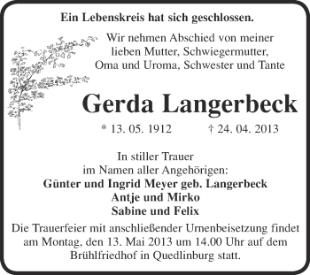 Traueranzeige von Gerda Langerbeck von WVG - Wochenspiegel Quedlinburg
