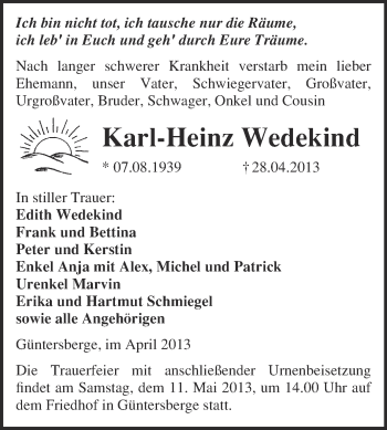 Traueranzeige von Karl-Heinz Wedekind von WVG - Wochenspiegel Quedlinburg