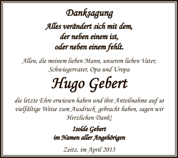 Traueranzeige von Hugo Gebert von Super Sonntag Zeitz