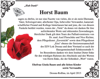 Traueranzeige von Horst Baum von Super Sonntag Dessau / Köthen