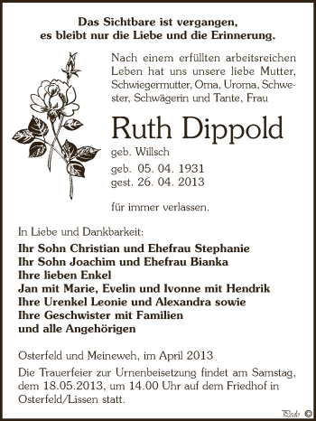Traueranzeige von Ruth Dippold von Super Sonntag Zeitz