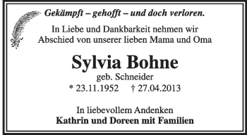Traueranzeige von Sylvia Bohne von Super Sonntag Dessau / Köthen