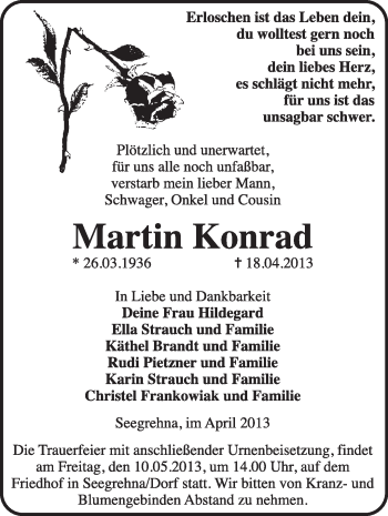 Traueranzeige von Martin Konrad von Super Sonntag Wittenberg