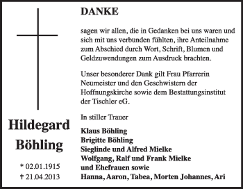 Traueranzeige von Hildegard Böhling von Super Sonntag Wittenberg