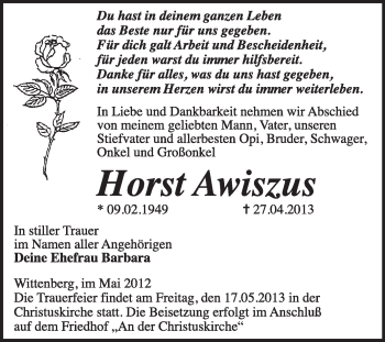 Traueranzeige von Horst Awiszus von WVG - Wochenspiegel Wittenberg
