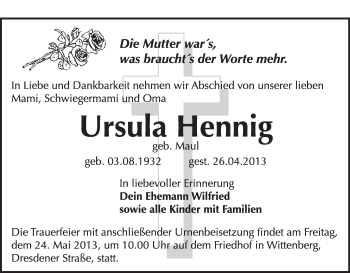 Traueranzeige von Ursula Hennig von WVG - Wochenspiegel Wittenberg
