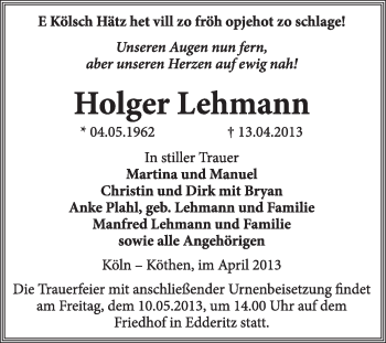 Traueranzeige von Holger Lehmann von Super Sonntag Dessau / Köthen