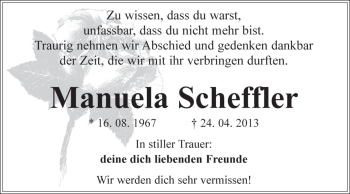 Traueranzeige von Manuela Scheffler von Super Sonntag Quedlinburg