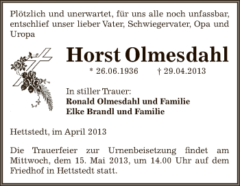 Traueranzeige von Horst Olmesdahl von Wochenspiegel Mansfelder Land