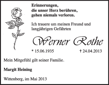 Traueranzeige von Werner Rothe von Super Sonntag Wittenberg