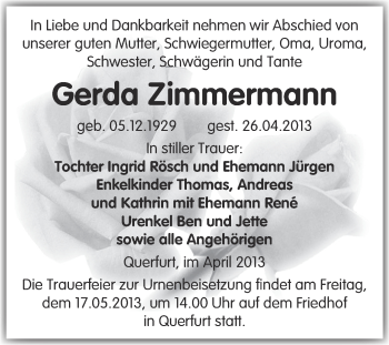 Traueranzeige von Gerda Zimmermann von WVG - Wochenspiegel Merseburg