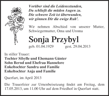 Traueranzeige von Sonja Przybyl von WVG - Wochenspiegel Merseburg