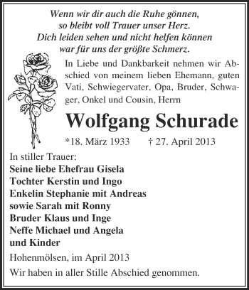 Traueranzeige von Wolfgang Schurade von WVG - Wochenspiegel NMB / WSF / ZTZ