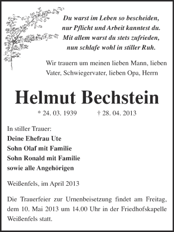 Traueranzeige von Helmut Bechstein von WVG - Wochenspiegel NMB / WSF / ZTZ