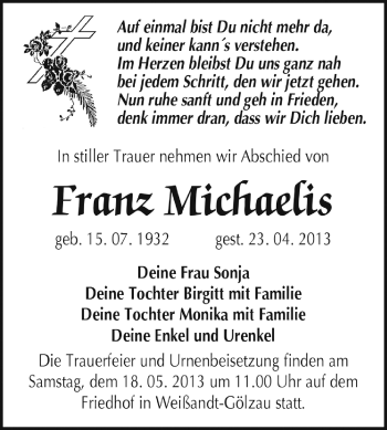 Traueranzeige von Franz Michaelis von Super Sonntag Dessau / Köthen