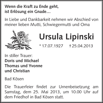 Traueranzeige von Ursula Lipinski von WVG - Wochenspiegel NMB / WSF / ZTZ