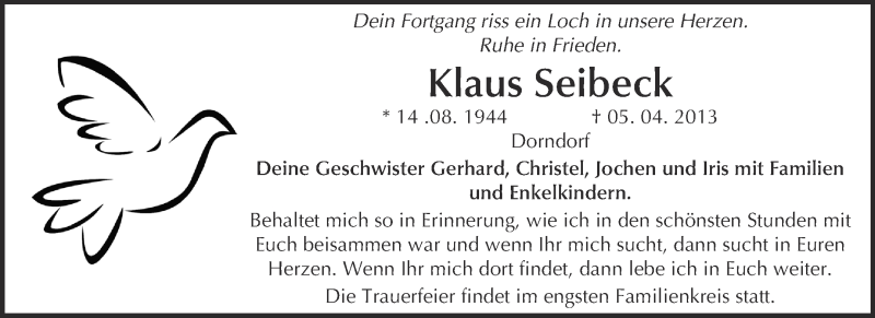  Traueranzeige für Klaus Seibeck vom 08.05.2013 aus WVG - Wochenspiegel NMB / WSF / ZTZ