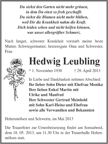 Traueranzeige von Hedwig Leubling von WVG - Wochenspiegel NMB / WSF / ZTZ