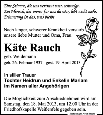 Traueranzeige von Käte Rauch von WVG - Wochenspiegel NMB / WSF / ZTZ