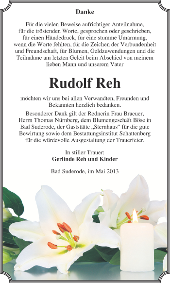 Traueranzeige von Rudolf Reh von WVG - Wochenspiegel Quedlinburg