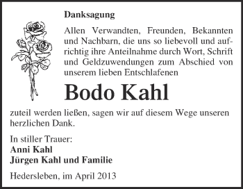 Traueranzeige von Bodo Kahl von WVG - Wochenspiegel Quedlinburg
