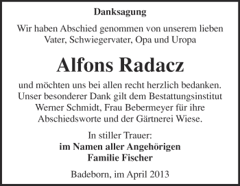 Traueranzeige von Alfons Radacz von WVG - Wochenspiegel Quedlinburg