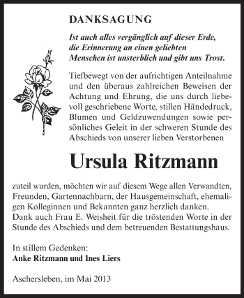 Traueranzeige von Ursula Ritzmann von Super Sonntag Aschersleben