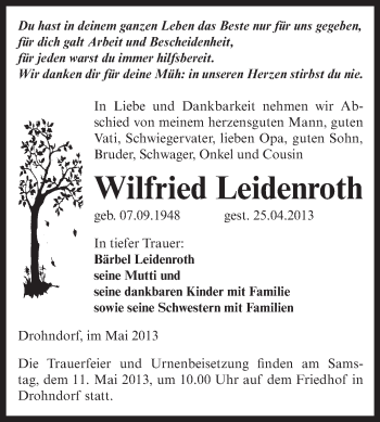 Traueranzeige von Wilfried Leidenroth von Super Sonntag Aschersleben