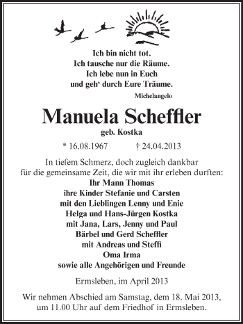 Traueranzeige von Manuela Scheffler von Super Sonntag Aschersleben