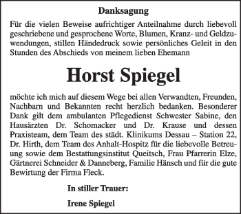 Traueranzeige von Horst Spiegel von Super Sonntag Dessau / Köthen