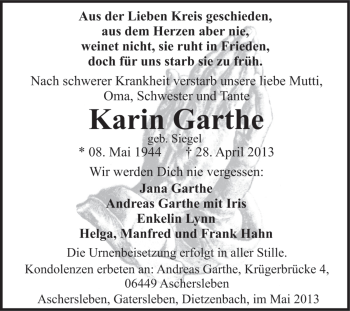 Traueranzeige von Karin Garthe von WVG - Wochenspiegel Quedlinburg