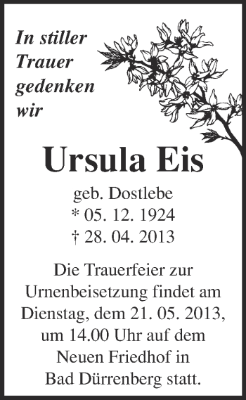 Traueranzeige von Ursula Eis von Super Sonntag Merseburg