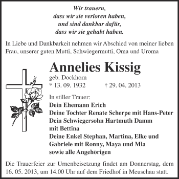 Traueranzeige von Annelies Kissig von Super Sonntag Merseburg