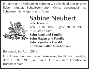 Traueranzeige von Sabine Neubert von WVG - Wochenspiegel Merseburg