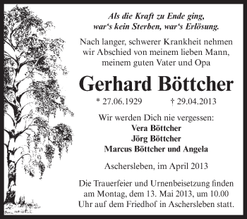 Traueranzeige von Gerhard Böttcher von Super Sonntag Aschersleben