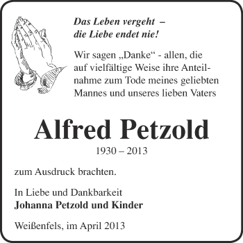 Traueranzeige von Alfred Petzold von WVG - Wochenspiegel NMB / WSF / ZTZ
